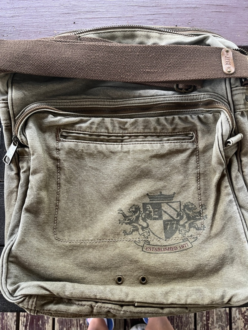 American Eagle Outfitters Olive Canvas Messenger Bag with Crest Print